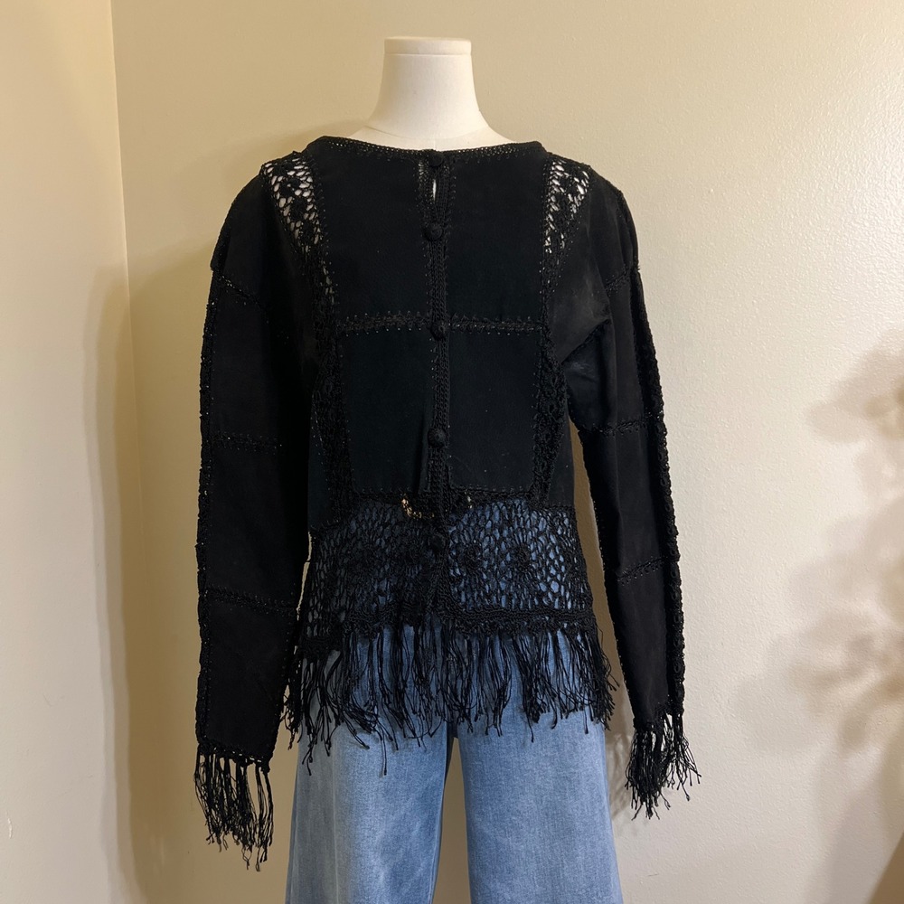 Selene Sport Womens Black Genuine Leather Crochet Patchwork Fringe Jacket Medium